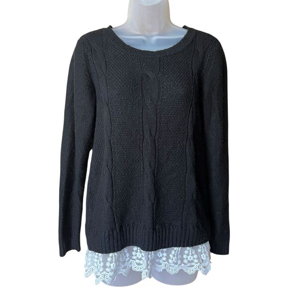 ABStudio Black Cableknit Crewneck Sweater Lace Trim Sz S Whimsigoth Twee - Picture 10 of 12